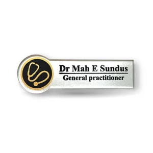 WM custom doctor name badge silver name plate with black and gold stethoscope logo