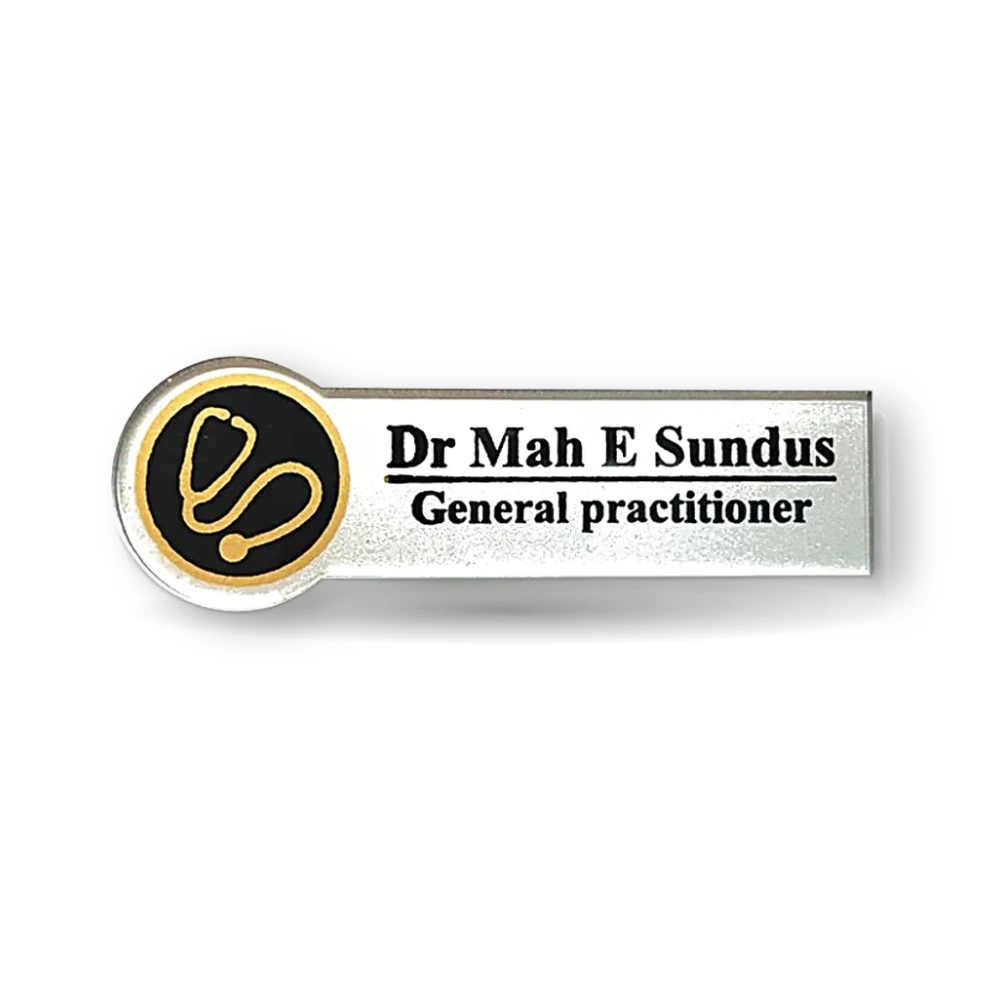WM custom doctor name badge silver name plate with black and gold stethoscope logo