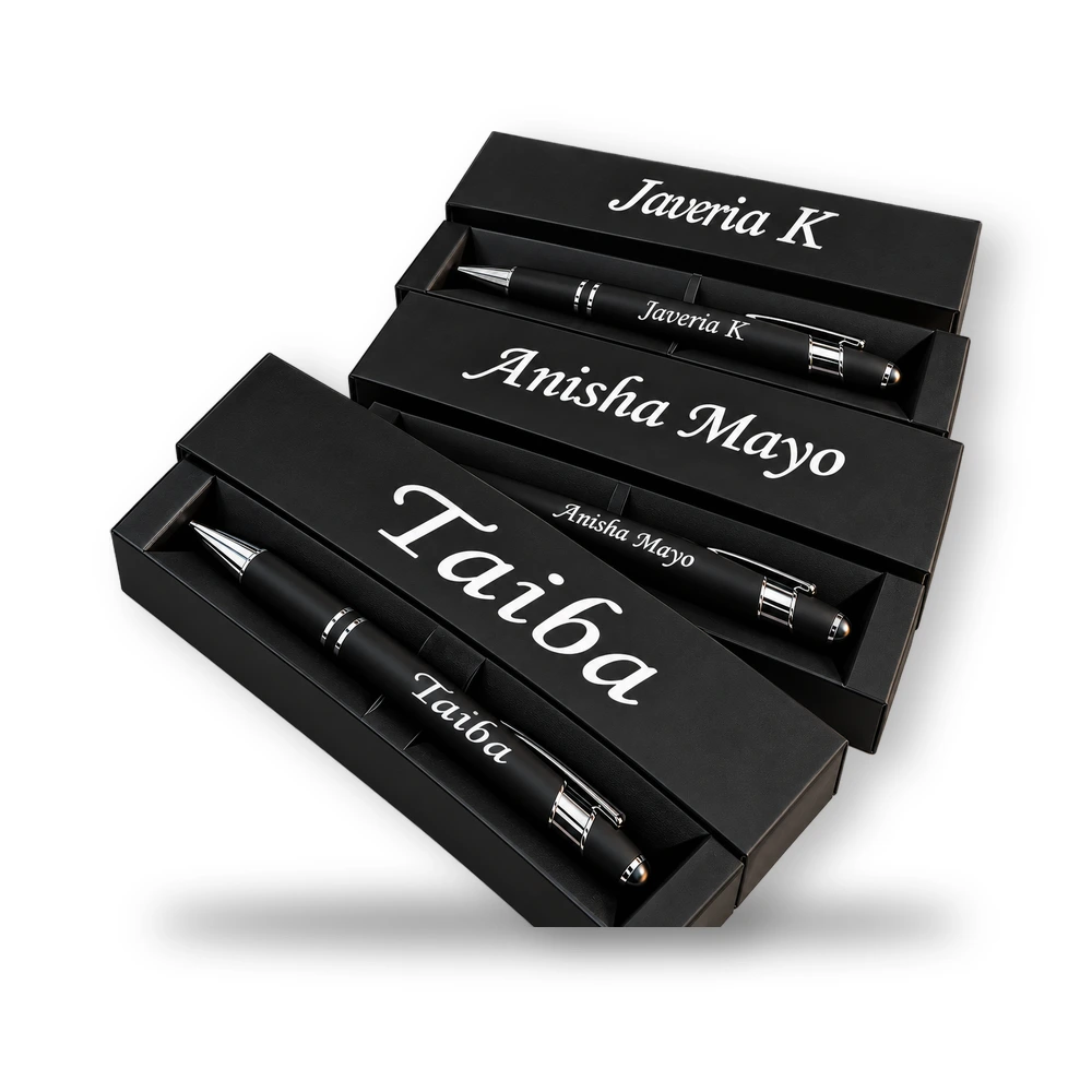 WM custom engraved black pens with names in personalized black gift boxes
