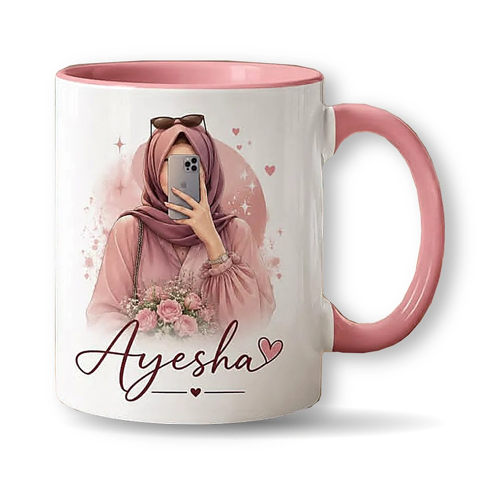 WM personalized name mug with pink hijab girl design and name Ayesha