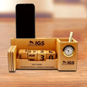Wooden Desk Organizer with calendar, clock, mobile stand and pen holder